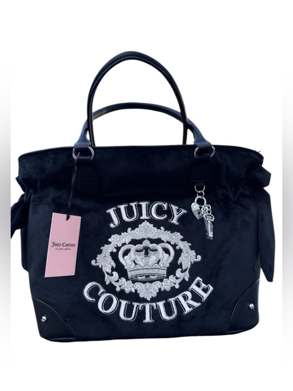 NWT Juicy Couture Falling For Juicy Large Black Tote Shoulder Handbag Silver $99